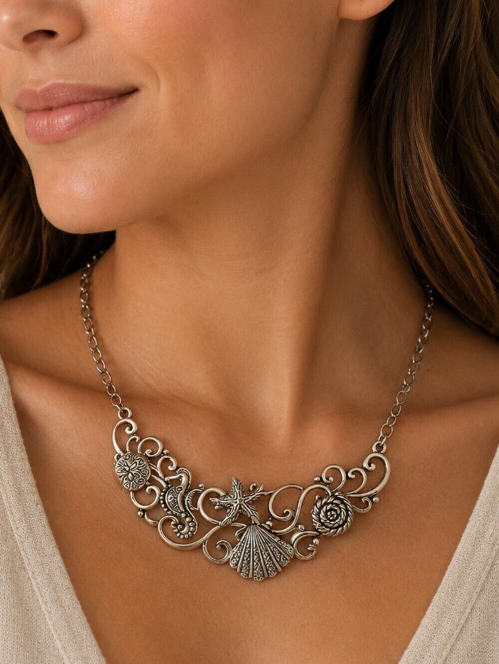 SCROLL Beach Seashell Seahorse Festival Bib Statement Necklace